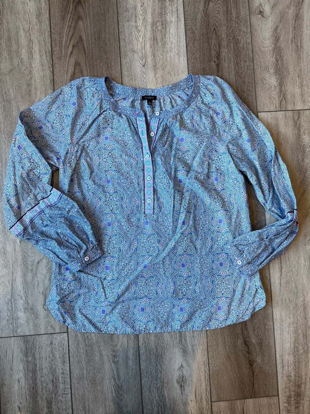 Talbots Long Sleeve Blouse Size M Blue Printed Cotton Popover Top